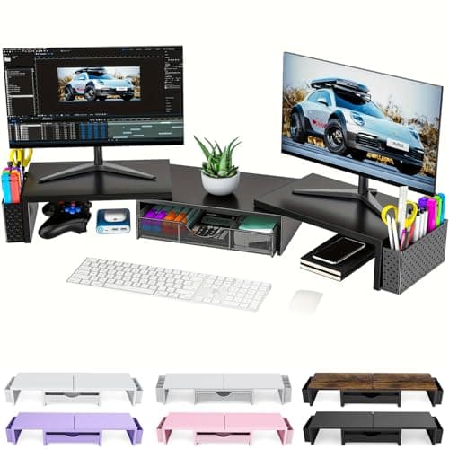 Image of Pygocereri Dual Monitor Stand Riser, Metal Monitor Desk Accessories with Drawer and 2 Pen Holder, Adjustable Length and Angle - Computer Monitor Stand for Screen, Computer, Printer (Metal Black)