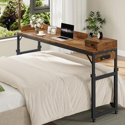 Image of HOOBRO Overbed Table with Wheels, 180 cm Mobile Over Bed Desk with Charging Station, Height Adjustable 84-109 cm, for Bedroom, Living Room, Office, Rustic Brown and Black EBF180KDN01