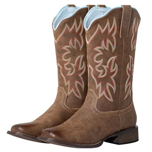Image of J's.o.l.e Square Toe Cowboy Boots for Women - Wide Calf Mid-Calf Western Fashion Cowgirl Boot with Classic Embroidery Brown UK 6