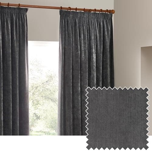 Image of Yard furn Heavy Chenille Pencil Pleat Curtain Pair – Lined Room Darkening Soft Velvet Curtains (Charcoal - Width 229 x Drop 229cm)
