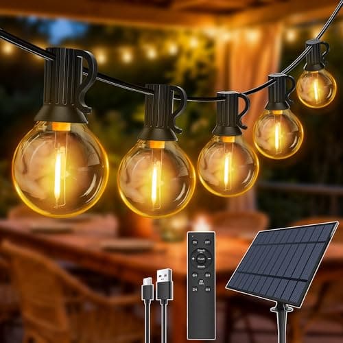 Image of Hopexy 30M Solar Lights Outdoor Garden, Waterproof Festoon Lights with 40+2 Shatterproof G40 Bulbs, 3 Modes Dimmable USB & Solar Powered String Light for Outside Patio Yard Gazebo Porch Wedding Party