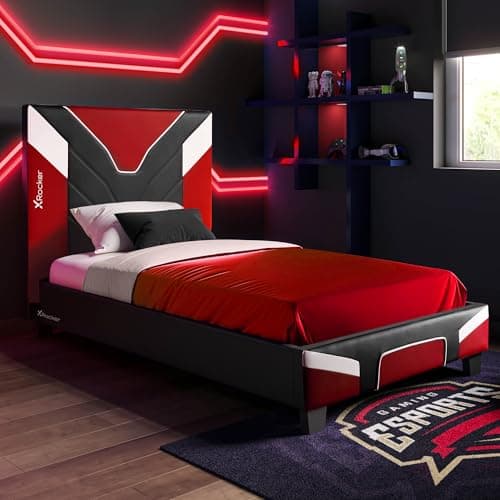 Image of X-Rocker Cerberus MKII 3ft Single, Gaming Upholstered Bed Frame - Flat-pack for Easy Assembly, Breathable Comfort, Wooden Slats, Wipe-Clean Faux Leather for Kids & Teens - Red - 90x190cm
