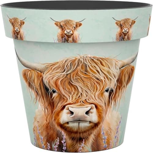 Image of Decorative Flower Pot Indoor Outdoor - Printed Plastic Plant Pot - Wildlife Designs (Butterfly, Bee, Bird, Hedgehog) - Garden Planter for Flowers, Herbs & Houseplants (Highland Cow, 24 Litre)