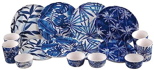 Image of Melamine Plastic Dining Set - Plate Cups Bowl - Blue Tropical Leaf - 16 Piece