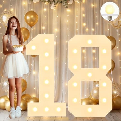 Image of Vimlits Large 4FT Light Up Numbers Birthday Decoration, White Marquee Number Sign for 18th Party Anniversary Backdrop Wedding Big Mosaic Number Frame Foam Cardboard Pre-cut Number 18