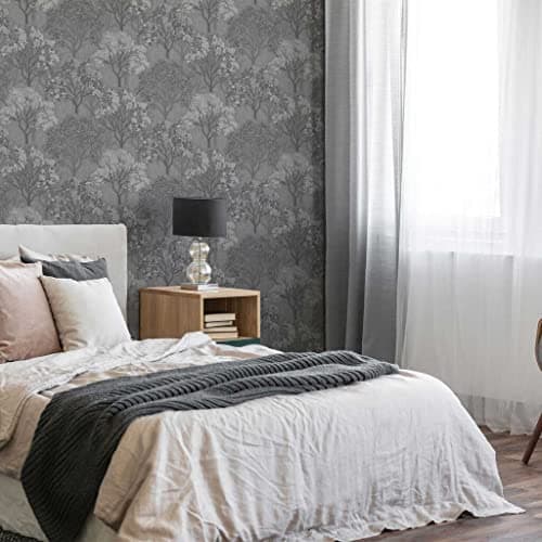 Image of Sublime Mid Grey/Silver Woodland Silhouette Wallpaper - Paste The Wall - Grey/Silver Wallpaper - Wood Effect Metallic Silver Leaves Autumnal Trees Design - Feature or 4 Wall Design