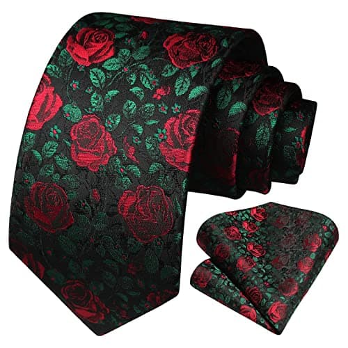 Image of HISDERN Black Tie for Men Floral Wedding Ties Handkerchief Elegant Business Party Blossom Necktie & Pocket Square Set