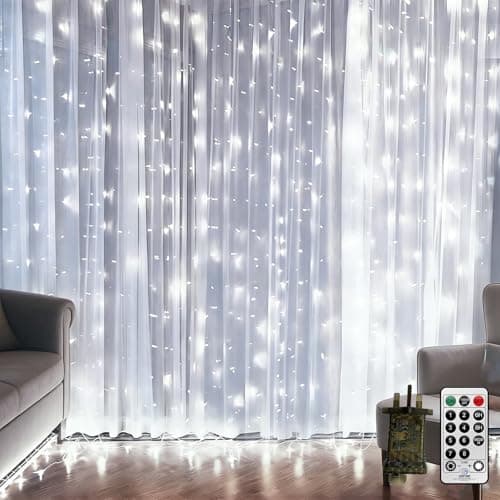 Image of CORST 2M x 2M Backdrop Curtain Lights Plug in Window Curtain Fairy Lights for Room,Waterfall Hanging Fairy Lights Linkable with Remote Timer 8Mode Waterproof for Indoor Gazebo Balcony Decor(White)