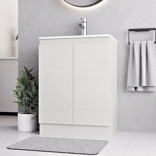 Image of BELOFAY Denvor White 600mm Floor Standing Bathroom Vanity Unit With Basin - Laquered Cloakroom Vanity Unit with 1 Tap Hole Ceramic Basin and Soft Close Hinges. (WASTE INCLUDED)
