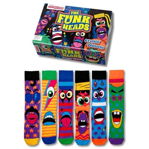 Image of United Oddsocks The Funk Heads Gift Box – 6 Colourful Funky Odd Socks for Men – UK 6–11, EUR 39–46, US 7–12, Mix & Match 70s-Inspired Novelty Socks, Fun Birthday, Christmas or Father’s Day Gift & More