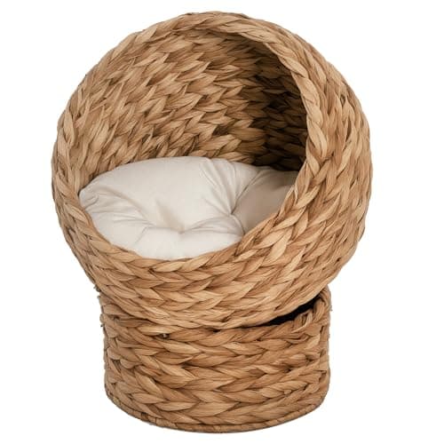 Image of PawHut Wicker Cat House, Raised Cat Bed with Cylindrical Base, Soft Washable Cushion, Woven Water Hyacinth Cat Basket for Indoor and Outdoor, 42 x 33 x 52 cm - Brown