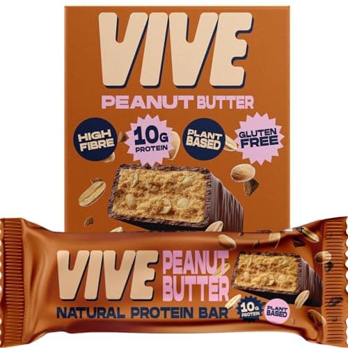 Image of Vive Vegan Protein Peanut Butter Bar - 100% Plant Based High Protein - Natural Sugar Chocolate Coated Snack - Pack of 12