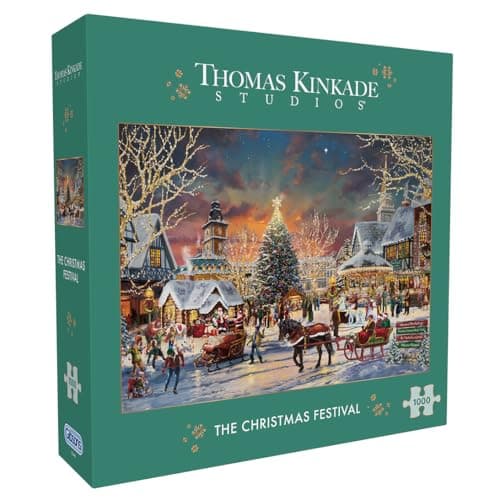 Image of Gibsons The Christmas Festival 1000 Piece Jigsaw Puzzle for Adults - Festive Nostalgic Traditional Beautiful Artwork - Thomas Kinkade Collection - Premium Sustainable Puzzle Made in the UK/EU