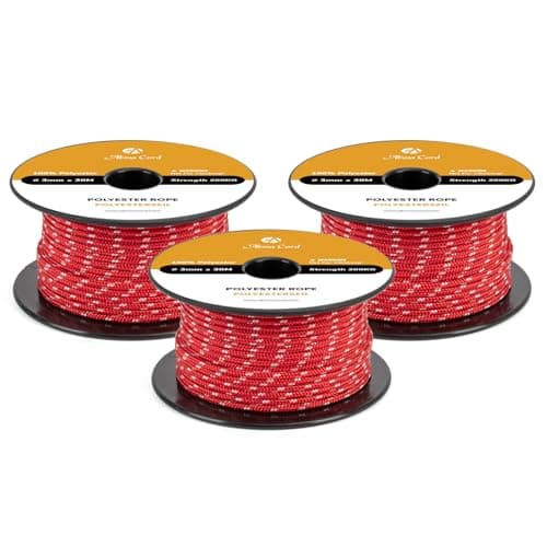 Image of Abma Cord Polyester Cord 3mm x 30m Braid Polyester Rope, Red/White - Heavy Duty & Low Stretch - High UV & Abrasion Resistance