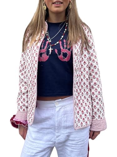 Image of SANSIWU Women Floral Print Quilted Jacket Vintage Button Down Loose Fit Lightweight Puffer Coat Boho Embroidered Jacket Outerwear (Pink, M)