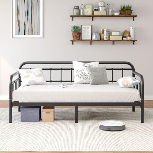 Image of HAHRIR Metal Daybed Frame 90 x 190cm, Single Bed Size with Steel Slats Platform Furniture,Fits 3ft Mattress for Bedroom Living Room Guest Room, 27cm Storage Space,Black
