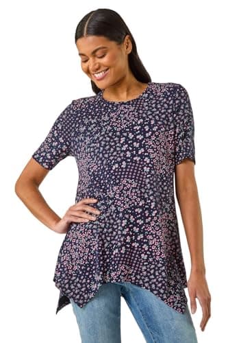 Image of Roman Originals Hanky Hem Tunic Top for Women UK - Ladies Longline Blouse Asymmetric Hemline Short Sleeves Casual Slouch Loose Summer Spring Relaxed Comfortable - Plum Floral - Size 10