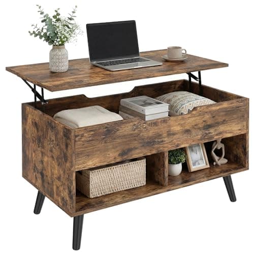 Image of HOMCOM Industrial Lift Top Coffee Table, Living Room Table with Hidden Compartment, Open Shelves and Metal Legs, 75 cm, Rustic Brown