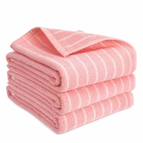Image of saerryor 3 Pack Hand Towels Cotton Soft Absorbent Striped Bathroom Towels for Kitchen Bathroom Spa Workout Gym 14” x 29” Pink