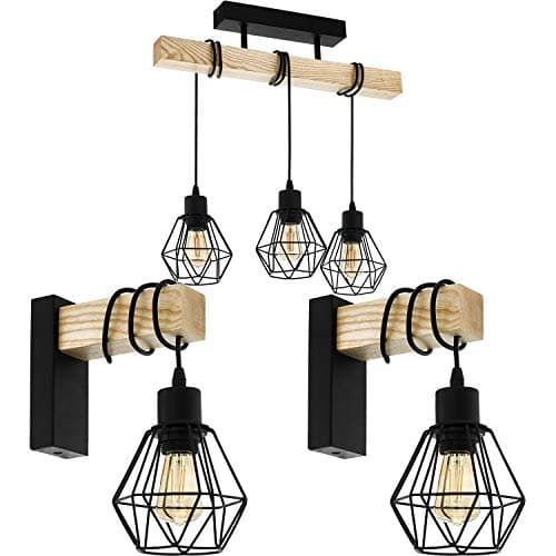 Image of Ceiling Spot Light & 2X Matching Wall Lights -Black Wire Cage & Wood Trendy Lamp - Linear Spotlight Kitchen Island Dining Adjustable Set Kit