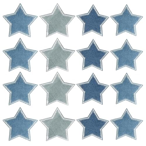 Image of 16 Pieces Iron on Patches, Star Sew on Patches for Clothing, Blue Embroidered Repair Patch, Fabric Denim Applique Embellishments for Clothing Repair Backpack Shoes Hats Decorations DIY
