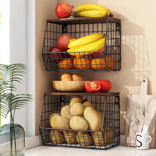 Image of Fruit Bowl with Banana Holder 2 Tier for Kitchen Storage & Organisation, Hanging Fruit Baskets for Kitchens, Vegetable Rack Wall Mounted Vegetable Storage Rack, Black Wire Baskets for Potato Storage