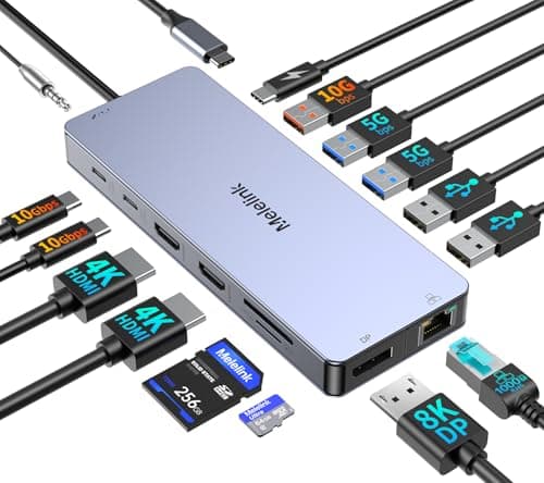 Image of Laptop Docking Station Dual Monitor, Melelink 15-in-1 USB C Hub Multiport Adapter Triple Display 2 HDMI 4K, 8K Displayport, 7 USB Ports, PD, SD/TF, Ethernet, 3.5MM Dock for Dell, Lenovo, Microsoft, HP