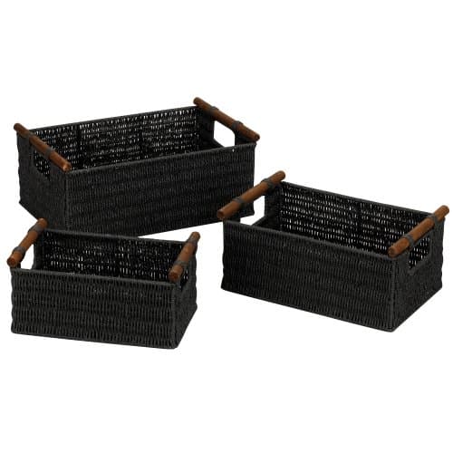Image of Household Essentials Decorative Woven Baskets, Set of 3 Baskets, Paper Rope with Wood Handles, Sturdy Metal Frame, Small, Medium and Large, Black
