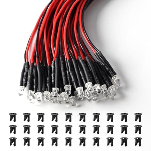 Image of Lyeteung 30 PCS 3mm 12V Prewired LED Diodes Light, Red, 20cm Prewired LED Light Emitting Diode + 30 PCS 3mm Plastic Holder