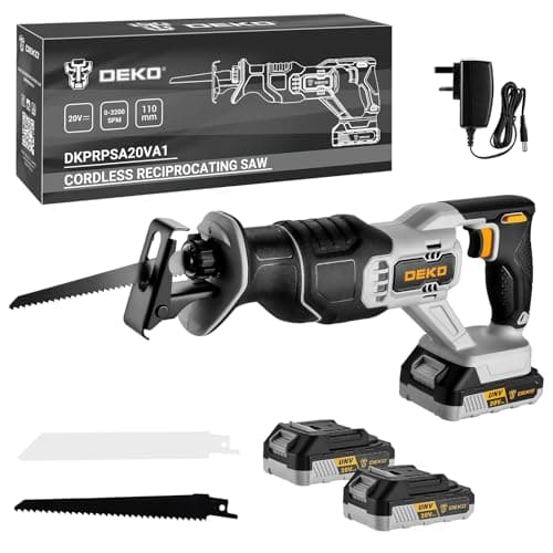 Image of Cordless Reciprocating Saw:DEKOPRO 20V Electric Wood Saw with 2*2Ah Batteries and 2 Blades,Max 22mm Stroke,Tool-Free Blade Change,3200 SPM Variable Speed,LED Light-for Wood and Metal,PVC Cutting,Bone
