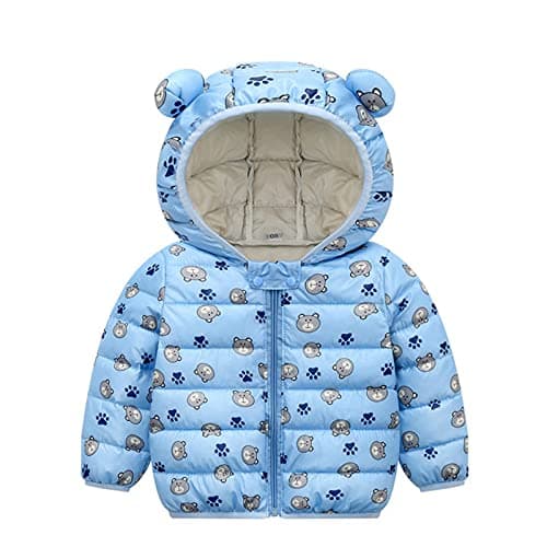 Image of Toddler Baby Boys Bear Ear Hood Puffer Down Jacket Cute Cartoon Pattern Long Sleeve Outwear Winter Warm Clothes Winter Baby Print Boys Coat&Jacket (Blue, 6-12 Months)