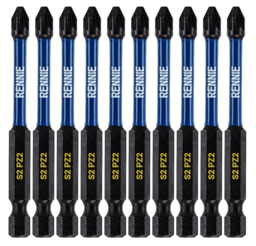 Image of 10 x Rennie Tools 75mm Long PZ2 Impact Screwdriver Driver Bits Set. Heavy Duty PoziDriv POZI No.2 Magnetic Screwdriver Bit Set. PZ2 Impact Driver Bits Pozidrive Screw Accessories. Black Oxide Coated