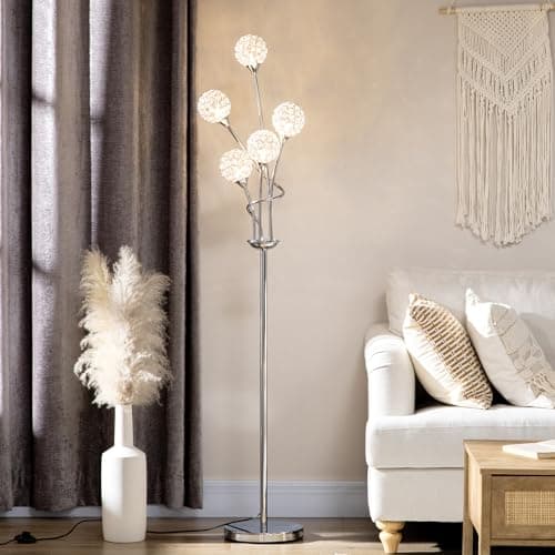 Image of HOMCOM 5-Light Upright Floor Lamps for Living Room with Acrylic Lampshade, Modern Standing Lamp for Bedroom, Bulb not Included, Silver