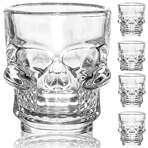 Image of FLOW Barware Shot Glasses | 4X Skull Shaped Tequila Shot Glass, Gothic Design Party Shots Glasses | Cool 50ml Tequila Shooter Glass | Skull Gifts