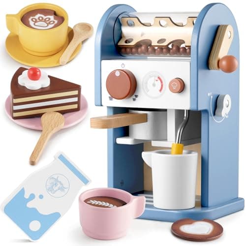 Image of GAGAKU Wooden Coffee Machine Toy with Grinder,15 pcs Wood Play Kitchen Accessories for Kids Non-Toxic Pretend Play Barista Set Learning Gift for Toddlers Girls Boys Ages 3+