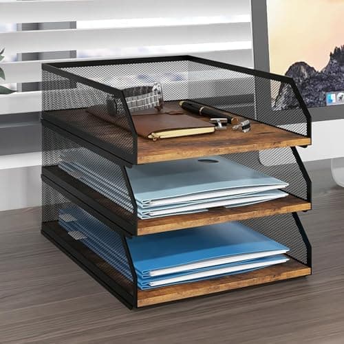 Image of PUNCIA 3-Tier Stackable Paper Tray, Metal Mesh Desktop Organizer, Wood Board Paper Sorter, Letter Trays,File Document Storage Rack for for Home, Office, School (Retro)