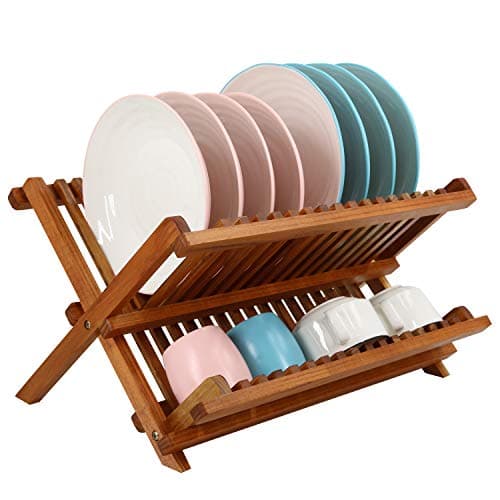 Image of Utoplike Teak Dish Rack Stand Drainer, Collapsible 2 Tier Dish Drying Rack with Cup Holder, Wooden Plate organiser for Kitchen