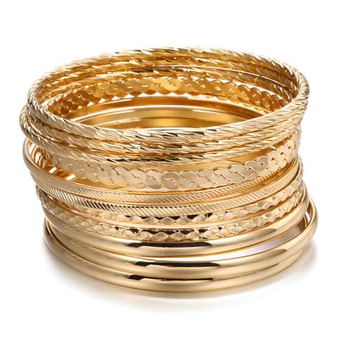 Image of WHENZOO 12 Pcs Boho Bangles for Women, Lightweight Metal Bangle Bracelet Set, Stackable Trendy Layered Bangles, Multipack Indian Vintage Ladies Hand Jewellery for Women Girls Jewelry Gifts (Gold)