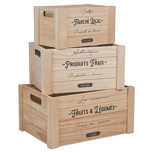 Image of URBNLIVING Set of 3 Rustic Wooden Open Non-Lidded Storage Boxes for Office, Living Room, Pantry, Kitchen and Porch with Handles for Fruit Vegetables Toys Shoes Tools