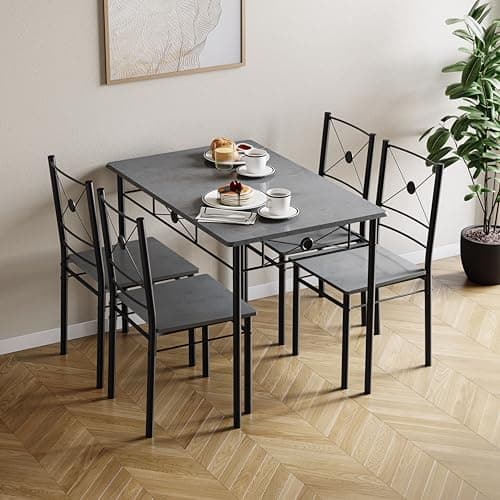 Image of Vida Designs Roslyn Dining Table and Chair Set, Kitchen Breakfast Modern Contemporary Furniture Set (Concrete Grey, 4 Seater)