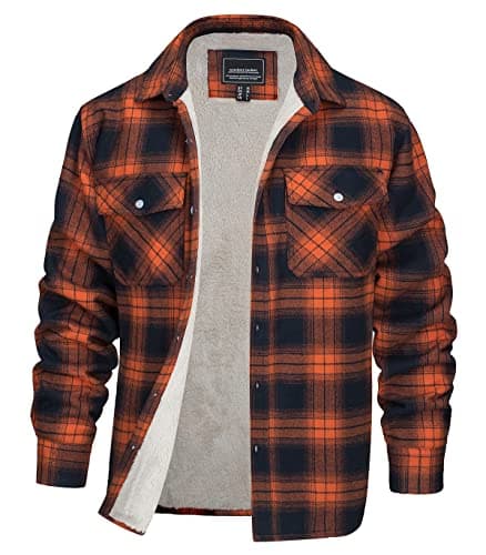 Image of EKLENTSON Mens Long Sleeve Fleece Shirt Jacket Button Down Plaid Shirts Casual Cotton Winter Flannel Shirts Multi Pockets,Orange,M