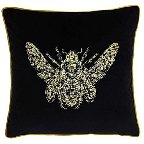 Image of Riva Paoletti Cerana Cushion Cover - Super Soft Velvet Fabric - Embroidered Gold Bee Design - Gold Piped Edges - 100% Polyester - Black - 50 X 50cm (20" X 20" Inches)