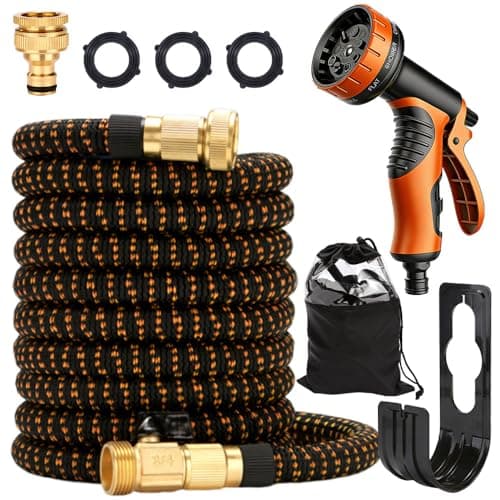 Image of Gobesty Expandable Garden Hose 15m/50ft, Expanding Hose Pipes with 10 Modes Spray Gun, No-Kink Flexible Hosepipes for Garden with 3/4"&1/2" Metal Connectors for Gardening Car Washing (Orange)