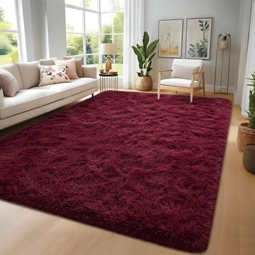 Image of Larhom Wine Red Fluffy Area Rugs for Living Room Bedroom,5x8 Feet Ultra Soft Indoor Modern Plush Fuzzy Rug, Thickened Carpet for Kids Playroom, High Pile, Non Slipping