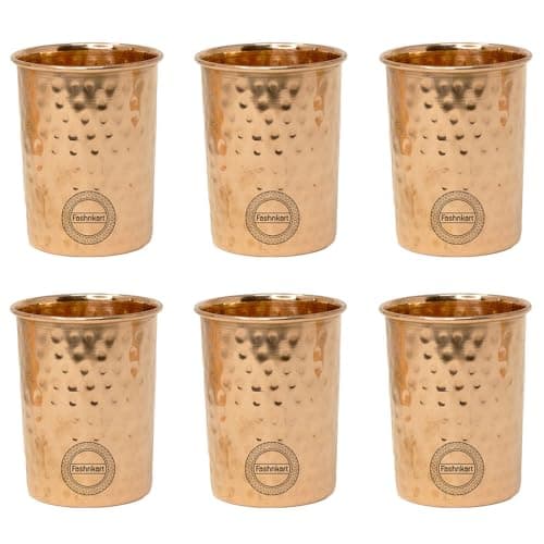Image of Fashnkart Pure Copper Glasses Drinking Water Ayurvedic Health Pure Tumblers Copper Cups 10.14 Oz 300 Ml (Hammered) Set 6