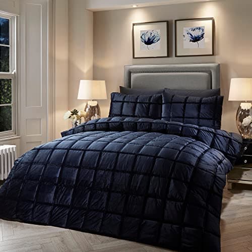 Image of Soiree Square Velvet Duvet Cover Set King 230 x 220cm – Navy Blue Box‑Stitched Velvet Bedding, Soft Touch Polyester, Includes 2 Pillowcases