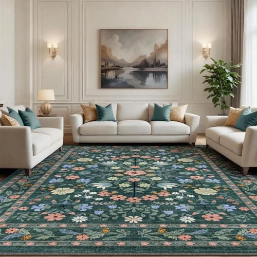 Image of Rugs Living Room 120x180cm, Vintage Floral Rug, Washable Rug & Non-Slip Low Pile Carpet, Soft Boho Large Rugs, Garden Runner Rug for Bedroom, Kitchen, Entryway, Hallway, Dinning Room, Dark Green