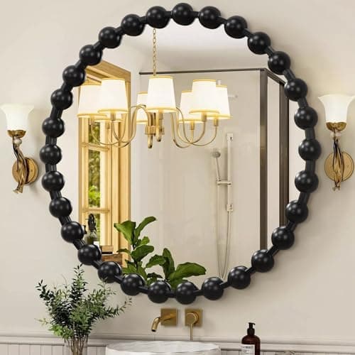 Image of AAZZKANG Round Mirror with Metal Beaded Frame Black Circle Wall Mirrors Large 50cm Decorative Modern for Bedroom Living Room Bathroom Entryway Hanging