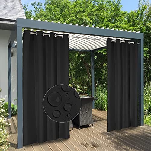 Image of Easy-Going 100% Waterproof Outdoor Curtains Windproof Weatherproof Porch Curtains, Premium Thick Outdoor Privacy Grommet Top Panels for Patio, Gazebo and Pergola, 2 Panels, 54x84 inch, Black