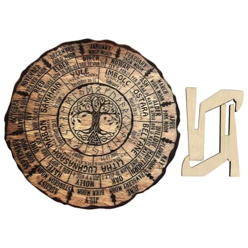 Image of SHINEOFI Wheel Of The Year Wood Sign with Stand, Wooden Sabbats Pagan Witch Tree of Life Calendar, Vintage Celestial Sign Pagan
